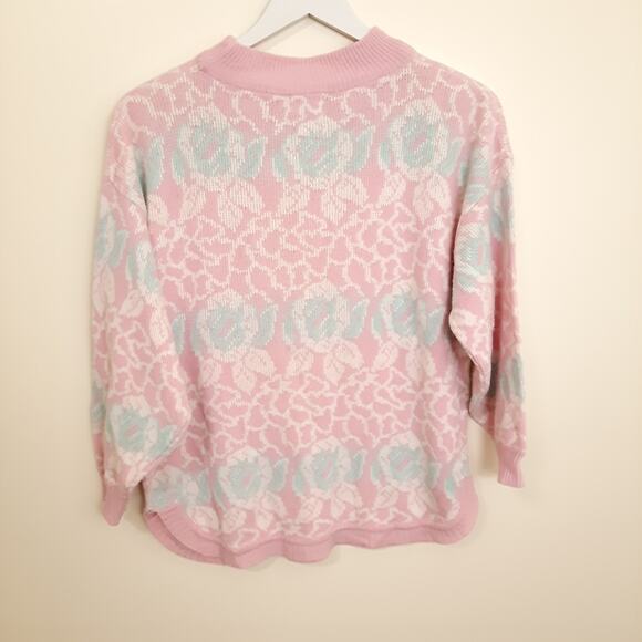 VTG Pink Blue Pastel Floral High Mock Neck  Sweater Sz Large Soft Ramie Blend - Picture 7 of 9